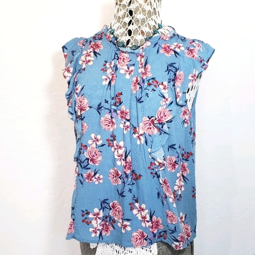 Lush Womens Floral Ruffled Sleeveless Top